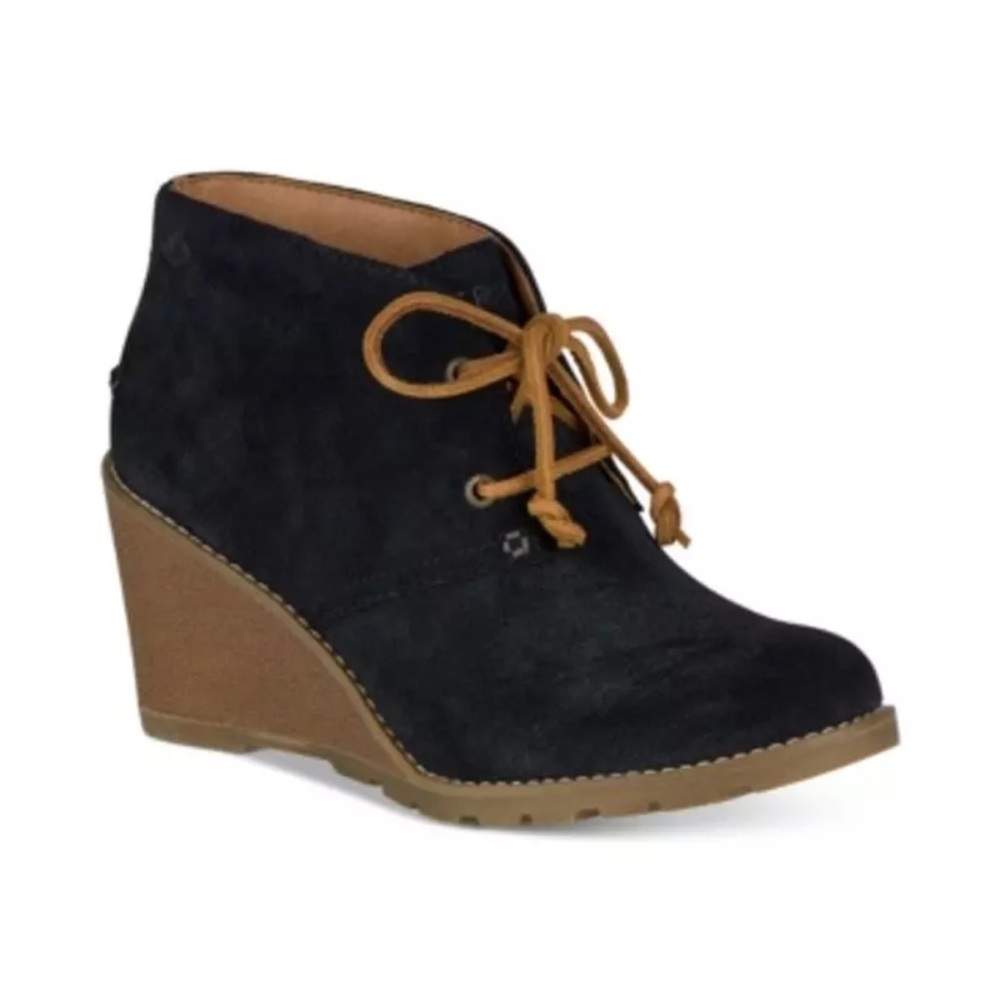 Sperry Top Sider Stella Wedge Booties Ankle Boots Black Suede Womens